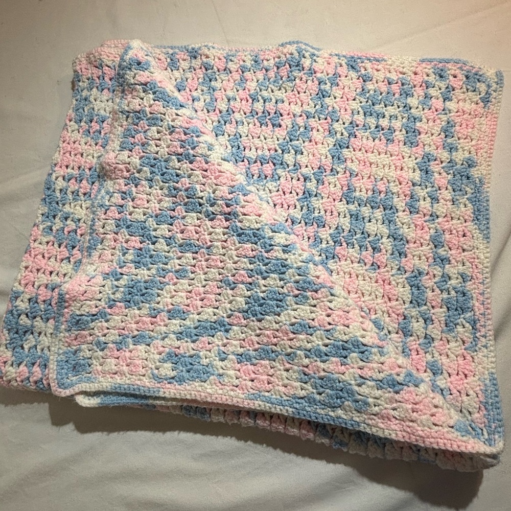 Vintage Handmade Crochet Baby Blanket in Pastel Blue, Pink & Cream